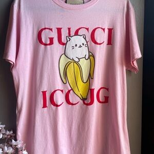 Gucci Women Pink Tee with Cat and Banana Graphic